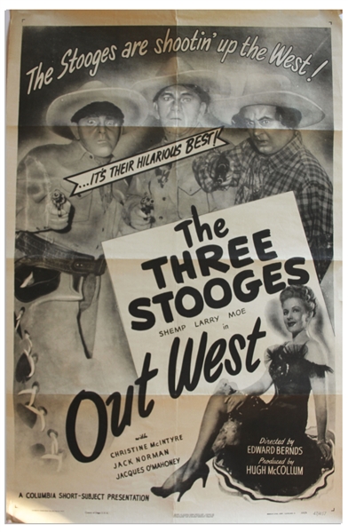 27'' x 41'' One-Sheet Poster for The Three Stooges Film ''Out West'', Columbia 1947 -- NSS# 47/4157 -- Shallow Folds & a Few Small Chips to Margins, Else Near Fine